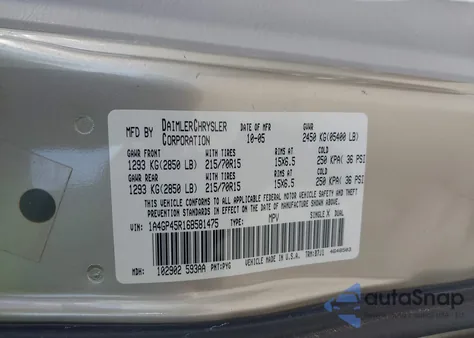 2006 Chrysler Town & Country z USA, uszkodzony, nr VIN 1A4GP45R16B581475